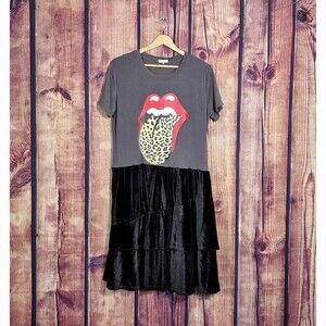 Upcycled Rolling Stones Black Velvet Tiered Tee Dress L XL